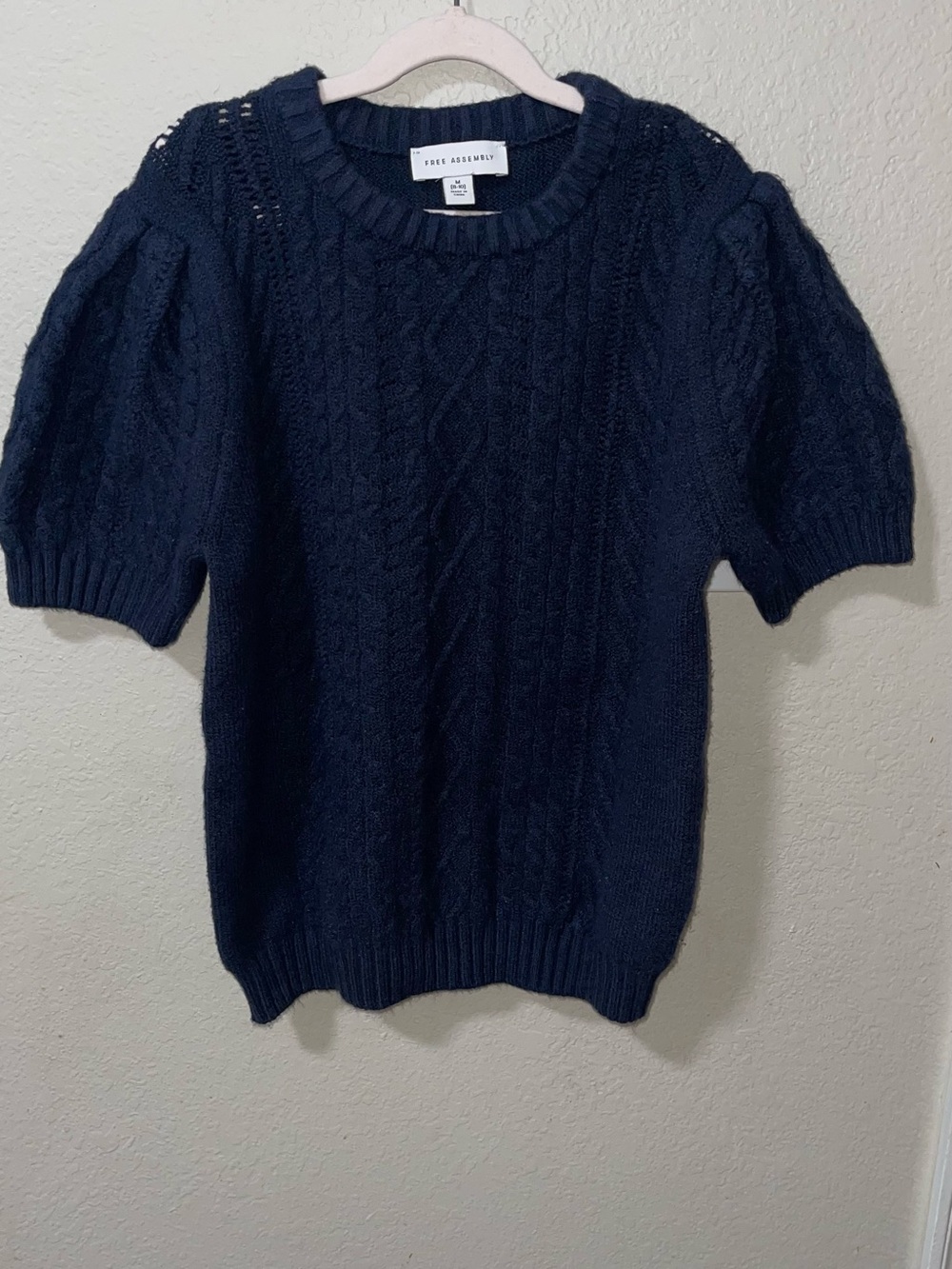 Free Assembly Navy Cable-Textured Short Sleeve Sweater